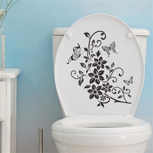 Schwarze Blumen Schmetterling Badezimmer WC Sitz Deckel Abdeckung Decals Aufkleber PVC Aufkleber Abnehmbare Selbstklebende Toilette Dekor Kunst Dekoration Toilettendeckel Abziehbilder Toilettenzubehör