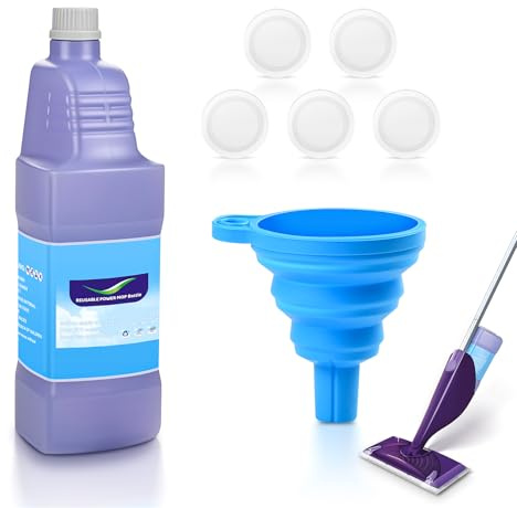 Refillable Replacement Bottle for Flash Power Spray Mop, 1.25L / 42.3 oz, Empty, Leak-Proof HDPE Cleaner Solution Refill Bottle with 5 Silicone Gaskets & 1 Foldable Funnel