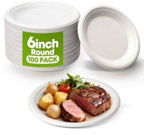 W&Y 100 Pack 6 Inch Disposable Small Paper Plates,Heavy Duty Dessert Plates - Compostable, Microwave-Safe, Leak-Proof, Ideal for Parties, Picnics & Daily Use