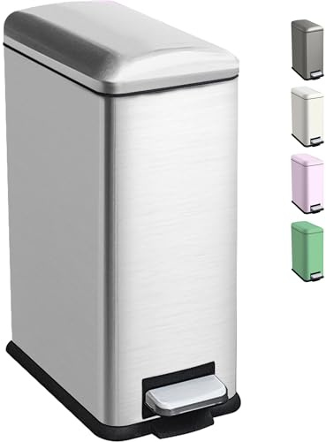 Ullege Bathroom Bin with Lid, Small Pedal Bin, Slim Rubbish Bin for Bedroom | Silver, 10L Small Bin with Inner Bucket, Stainless Steel Pedal Bin, Soft Close Lid, Bin for Bathroom, Bedroom and Small Place