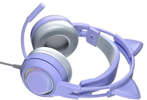 Cryfokt Girl Wired Cat Ear Headphones Effective Noise Reduction Gaming Headset All Wrapped Earcups for PC (Purplish)