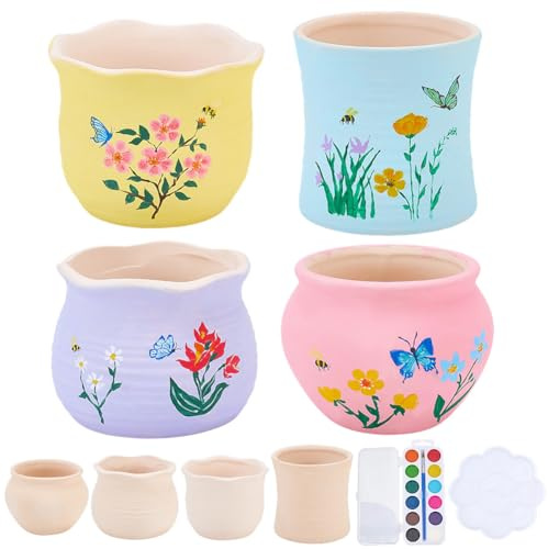 WEBEEDY 4 Sets DIY Ceramic Succulent Pots Painting Kit Paint Your Own Ceramic Planter Pots, Ready to Paint Ceramics Unpainted Flower Pot Pottery Painting Craft Kit Home Desk Garden Decor Creative Gift