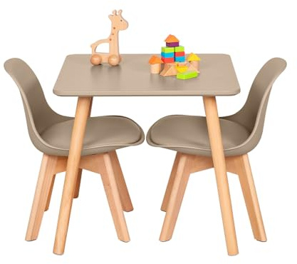 EGGREE Kindertisch mit 2 Stühlen, FSC Buchenholz, 1–6 Jahre, Khaki | SGS getestet, abgerundete Ecken, pflegeleicht, ideal für Kinderzimmer und Kindergarten