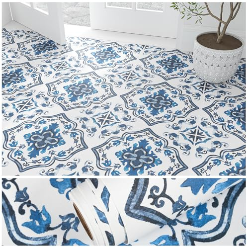 VEELIKE Rotolo di piastrelle in vinile blu e bianco, 30,5 x 300,5 cm, impermeabile, autoadesivo, per pavimenti mediterranei, resistente, blu, marocchino, linoleum, per cucina, camera da letto, camper