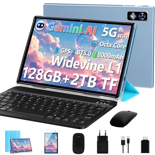 Nouvelle 2026 Tablette 10 Pouces Android AI avec 22Go RAM+128Go ROM(TF/2To),Tablette Tactile avec 5G+2.4G WiFi, Octa-Core 2.0Ghz, 8000mAh, GMS, Widevine L1,BT5.0,Tablettes avec Clavier Souris - Bleu
