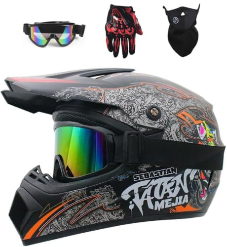 Motocrosshjälmset, MTB-motorcykelhjälm för ungdomar Helface | Off Road Sport Downhill Enduro Racing ATV BMX Quad Dirt Bike-hjälm, med skyddsglasögonmaskhandskar