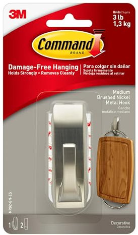 Command Medium Modern Reflections Brushed Nickel Metal Hook - 1 Hook and 2 Adhesive Strips - Indoor Use - Hang Jackets, Purses, Handbags, Hats, Scarves, Dog leads - Organise Damage Free