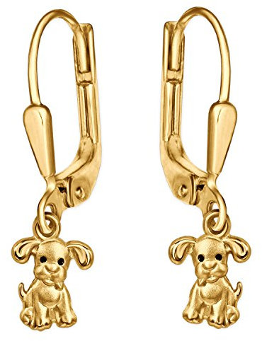CLEVER SCHMUCK Goldene kleine Kinder Ohrhänger 24 mm Mini Hund 6 mm Augen schwarz matt und glänzend 333 GOLD 8 Karat im Etui anthrazit klein