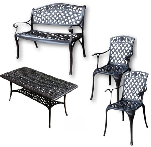 Lazy Susan - Table Basse de Jardin rectangulaire Claire, 1 Banc Rose et 2 chaises Assorties - Meubles en Aluminium moulé, Coloris Bronze Ancien