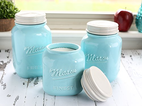 Mason Jar Kitchen Canister Set - Set of 3 Kitchen Canisters - Large, Round Ceramic Sets for Vintage, Rustic, or Farmhouse Look - Storage for Flour, Sugar, Tea, Coffee and More (Blue)