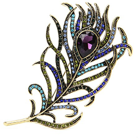 JAGENIE Vintage Pfau Feder vergoldet Multi-color Strass Brosche Pins Schmuck Muttertag Geschenk