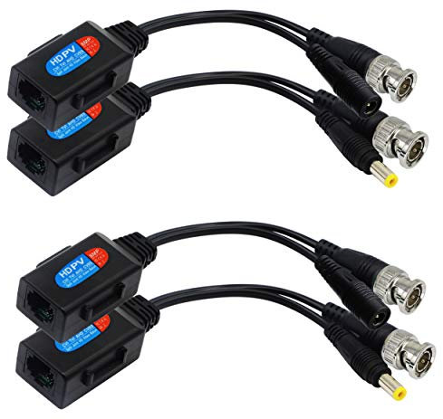 zdyCGTime Balun HD Cat5 RJ45 a BNC Video Balun ricetrasmettitore passivo con connettore di alimentazione per telecamere 720P 1080P 3MP 4MP HD-CVI/TVI/AHD/CVBS/960H (2 coppie)