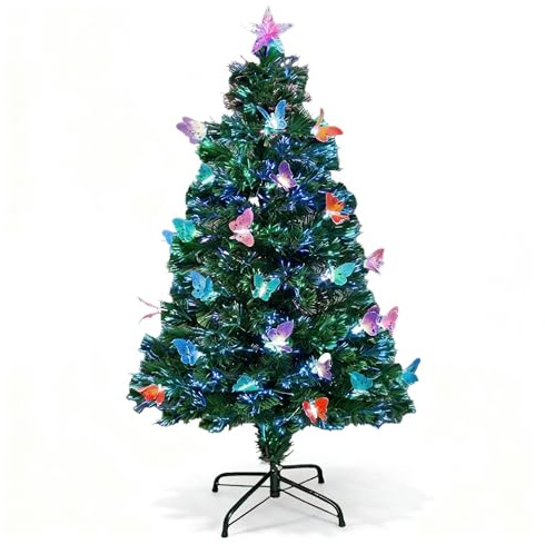 4Ft/120cm Fibre Optic Christmas Tree with Star Topper - LED Butterfly Decorations - Pre-Lit Green Artificial Xmas Tree - Multicolor Changing Lights