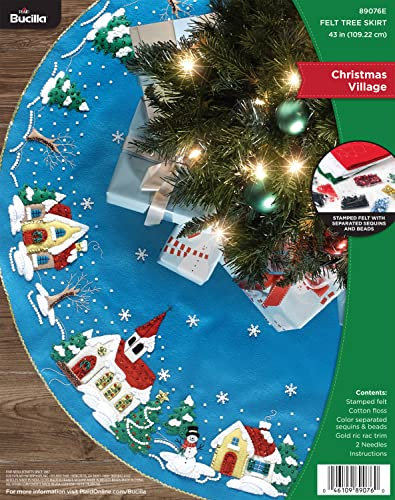 Bucilla 89076E Christmas Village Felt Tree Skirt Filzapplikationsset, Baumwolle, Weihnachtsdorf Filz-Baumrock, Large
