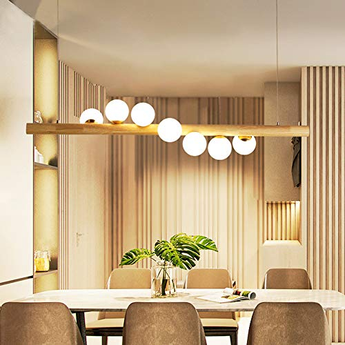 LED Pendelleuchte Holz Pendellampe Hängelampe Hängeleuchte Höhenverstellbar Kugel Aus Glas Pendellampe Mit G9 Leuchtmittel Retro Deckenleuchte Für Esszimmer (7-Flammig) Kronleuchter