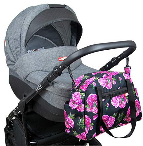 BabyLux Wickeltasche COLORFUL Kinderwagen Buggy Große Handtasche Babytasche mit Befestigung für Mutter Handtasche (77. Schwarz + Päonien)