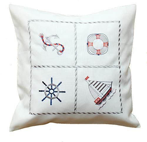 heimtexland ® Deko Kissen Nordsee Maritim Bestickt Blau Rot Tischdeko Typ737 Kissenhülle 40x40 cm