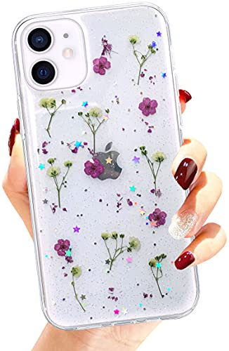 Efitoo Designed for iPhone 11 Pressed Flower Case, Cute Bling Glitter Sparkle Clear with Design Soft Silicone TPU Rubber Dried Real Floral Aesthetic Case for Women Girls (Purple Wild Flower)