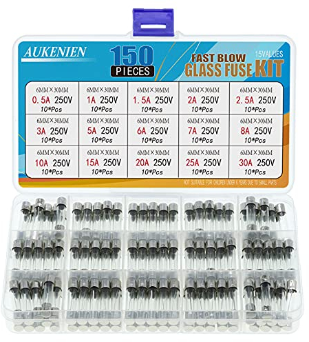 AUKENIEN 15 Valores 150 Piezas 6X30MM 250V Fusibles Cristal 0,5A 1A 1,5A 2A 2,5A 3A 5A 6A 7A 8A 10A 15A 20A 25A 30A de Tubo de Vidrio de Fusión Rápida Surtido Soplo Soplado Rápido Kit Fusible