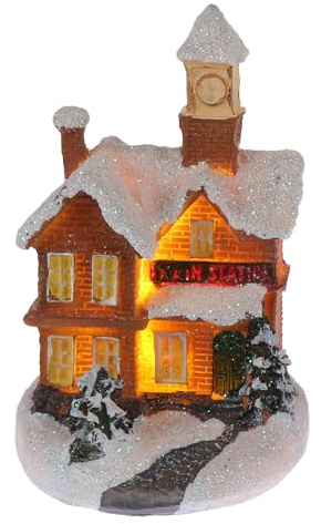 BESPORTBLE Weihnachtshaus mit Beleuchtung LED Mini Harz Weihnachtshäuser Desktop Ornament Miniatur Feenhaus Winterlandschaft Puppenhaus Feengarten Deko Party Weihnachtsdeko