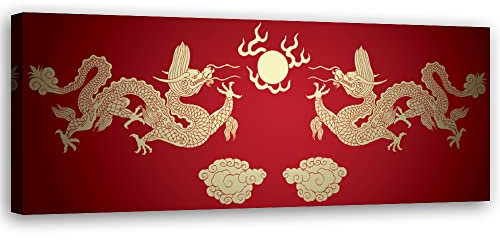 Feeby Vlies Leinwandbild Drachen China Japan 90x30 cm Wand Bild Kunstdruck Deko Wohnzimmer Wohnungs Deko Sonne Wolken Orientalisch Rot