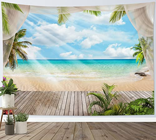 LB Strand Wandteppich Blaugrüner Ozean Wandtuch Grüne Palme Wandbehang Sommerlandschaft Außerhalb des Balkons Tapisserie für Wohnzimmer Schlafzimmer Wohnheim Wanddeko,200x150cm