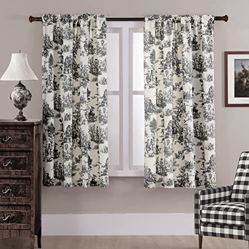 XTMYI Vorhang-Set, 160 cm lang, für Wohnzimmer, Schlafzimmer, Fenster, Vorhang-Set, schöne europäische Pariser Antik-Toile, Blumenmuster, grau, weiß und verdunkelnd, 160 cm lang, 2 Paneele