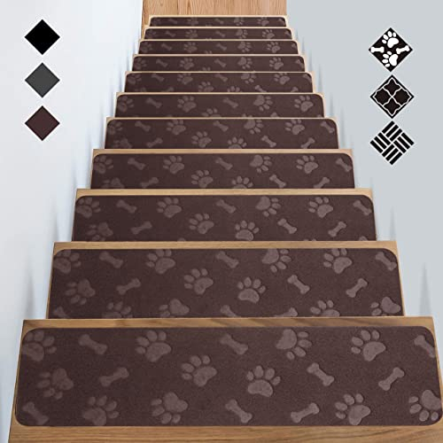 GOYLSER Tappetini per Scale in Legno, Antiscivolo, Antiscivolo, con Doppio Autoadesivo per Anziani, Bambini, Animali Domestici (76 x 20 cm, 15 Pezzi di Zampe di Cane Marrone)