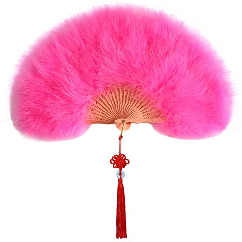 Surakey Folding Fan Feather Fan 20s Vintage Flapper Marabou Hand Fan with Tassels Women Handheld Fan for Costume Dancing Show Tea Party Gifts Wedding Decoration (Dark Pink)