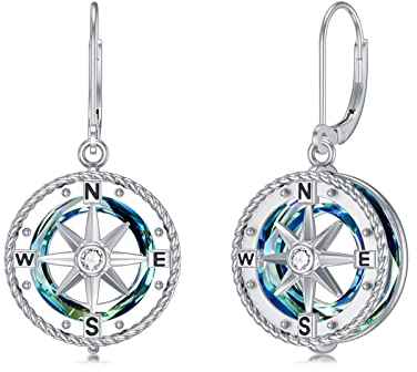 VONALA Orecchini a forma di bussola da donna, in argento Sterling, con ciondolo a forma di bussola oceanica, con cerchio di cristallo, gioielli per laurea, regalo per sua figlia, donna, studentessa