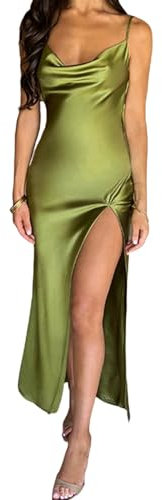 MAHUAOYIXI Vestito Lungo Elegante Estivo Donna - Senza Maniche, Satin, High Split, Tinta Unita - Abito da Spiaggia e Cerimonia Sexy (Verde, S)