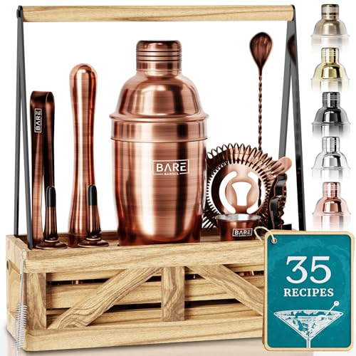 BARE BARREL® Martini Cocktail Making Kit | Bartender Kit Cocktail Shaker Set Maker | Farmhouse Rustic Portable Caddy & 35 Recipe Cards | Mixology Cocktail Gift Set (Copper.)