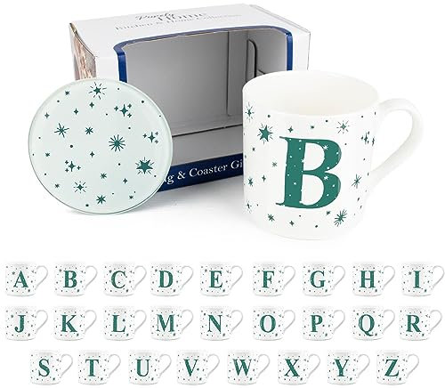 Purely Home Stars Letter B Mug & Coaster Gift Set - Teal Constellations Alphabet Initials Bone China Mug and Glass Coaster Set - Tea/Coffee Present