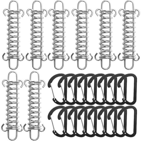AstarFavor 8 Piezas Resortes de Tensión de Tienda, Muelle Traccion para Camping Hebilla de Tensor Resorte Accesorios de Fijación con 16 Mosquetones para Toldos Accesorios para Acampar(Negro)