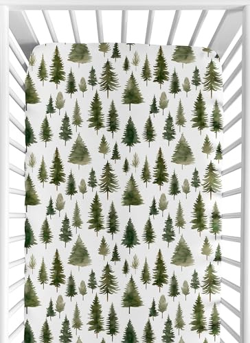 Sweet Jojo Designs Fitted Baby Crib Sheets (Green Woodland Tree) for Boys or Girls, Infant Nursery, Toddler Room - Standard Size (Hunter, Forest Themed, Sage Pine Trees, Woods, Neutral, Christmas Fir)