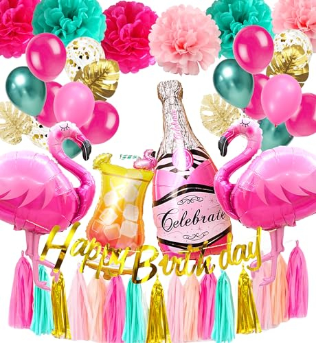 Regendeko Happy Birthday Flamingo Montera Geburtstagsdeko Set Sommerfest Flamingo Party Dekoration Hawaii deko Folienballons Geburtstag Urlaub Sommer Deko
