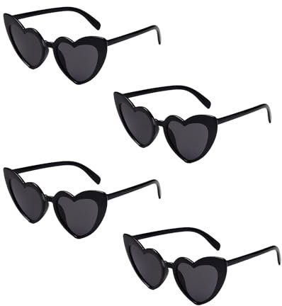 Epokus Herz Sonnenbrille,Vintage Herzform Brille, 4 Stück Herzförmige Party-Sonnenbrille,80er 90er Mode Hippie Brill für Urlaub, Party, Hochzeit, Karneval,Fotoshooting (Schwarz)