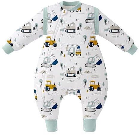 Unnivoll Schlafsack Baby Winter mit Füßen 2,5 Tog Baby Schlafsack mit Abnehmbare Ärmel Baumwolle Babyschlafsack Winterschlafsack Baby Warm und Weich 100 cm für Jungen Mädchen Grüner Bagger