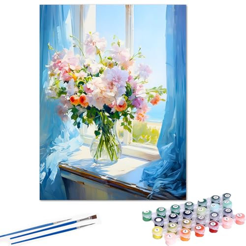 Gemartmall Blume Malen Nach Zahlen Erwachsene- Blumen Malen Nach Zahlen für Erwachsene,Blumen auf der Fensterbank Acrylfarbe Malen Nach Zahlen Erwachsene Set zur Geschenk und Heimdekoration (30x40cm)