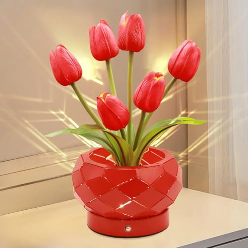 JHXLAMP Birthday Gifts for Women,Tulips Flower Lamp,Touch Lamp,Battery Powered Lights,3-Colour Dimming Small Night Light,Gifts for Mom for Valentine Day,Mothers Day,Xmas,Birthday (Red Tulip)
