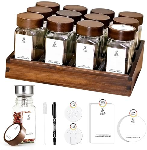 SAEIV Umweltfreundliches Akazien-Gewürzregal Holz mit 12 Fächern | 12 120ml-Gewürzgläser Drawer Organizer | Gewürzregal mit Gläsern 90 Deutsch Gewürzetiketten | Gewürzregal Stehend | Gewürz Organizer