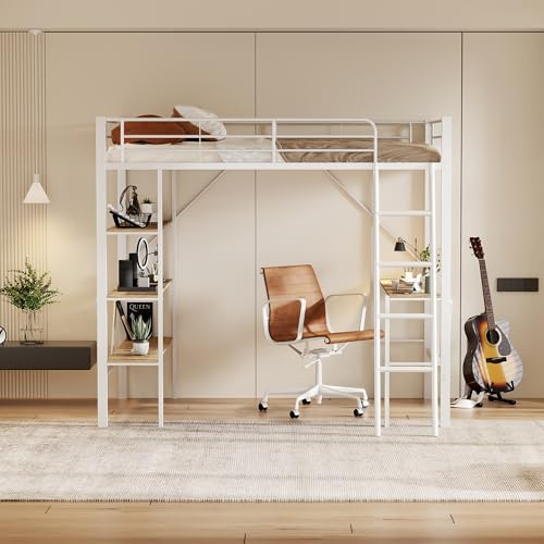 REXO 90 * 200cm Bettgestell Metallbett, Eisenbett, Hochbett mit Schreibtisch und DREI großen Ablagen für Kinder, Jugendliche und Erwachsene, 90 * 200 cm (weiß)