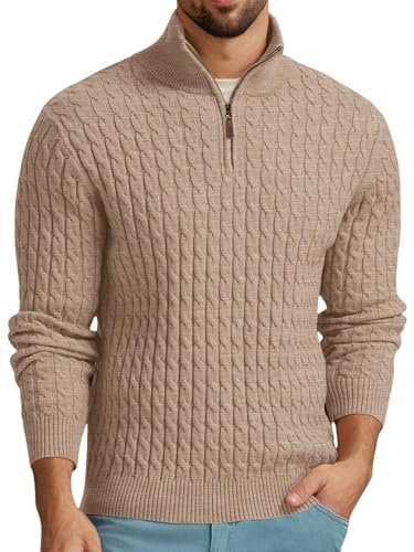 QIXING Men's Cable Knit Jumper Quarter Zip Mock Neck Cable Pattern Sweater Soft Casual Tops with Ribbed Edges (Khaki, L)