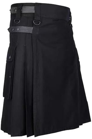 BaronHong Gonne scozzesi utilitaristiche da uomo Gonna scozzese scozzese con cinghie e grandi tasche cargo, nero (pelle), XXXL