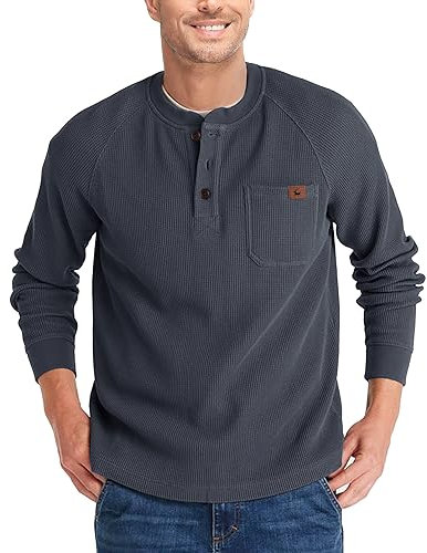 zitysport Henley Shirts Herren Langarm Casual Waffel Henley Hemd Männer Thermal Freizeithemd 3-Knopf Classic Henley T-Shirt Herren mit Brusttasche Langarmshirt Herren Pullover(Dunkelgrau,L)