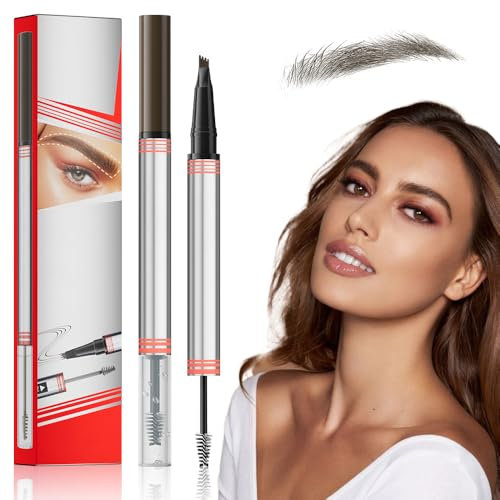 Eyebrow Pencil, 2024 New 2-in-1 Dual-Ended Eyebrow Pen with 4-Fork-Tip & Eyebrow Brush and Sealing Brow Gel, with Micro-Fork Tip, Smudgeproof Long Lasting Fine Sketch Pen (Dark brown)