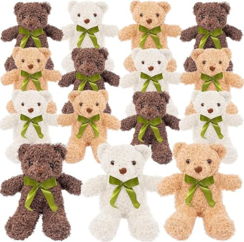 15 Stück Klein Teddybär set, kleine Plüschbären, 25 cm süßes weiches Plüschbärenspielzeug mit Fliege für Schulabschluss, Babyparty, Weihnachten, Geburtstagsfeier, Gastgeschenk, Gold, Braun, Weiß