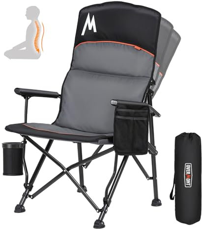 OVERMONT 225kg Oversized Adjustable Camping Chair for Adults with High Back -Heavy Duty Folding Chair with Cup Holder Comfy for Garden Picnic Beach Outdoor Fishing Recliner Deck Stool Black