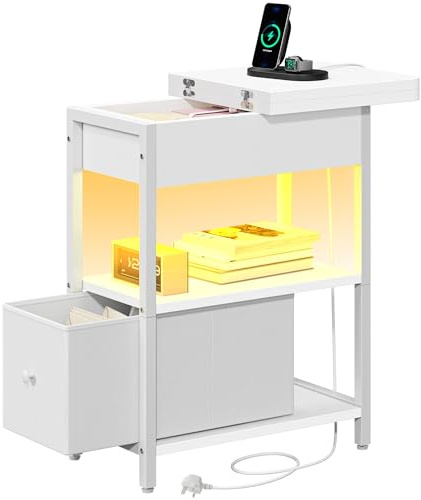YITAHOME Narrow Side Table with Charging Station and LED, Slim Side Table with Storage Drawer, Bedside Table with USB Ports Outlets Sofa Table Nightstand for Living Room, Bedroom, White