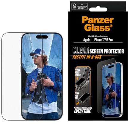 PanzerGlass Screen Protector for iPhone 17/16 Pro 6.3 inch, Ultra Wide Tempered Glass Edge to Edge Drop/Scratch Protection, Anti-Fingerprint, FastFit IN-A-BOX, Easy Installation
